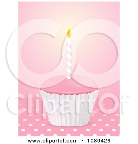 Clipart 3d Pink Birthday Cupcake And Candle With Polka Dots - Royalty Free Vector Illustration by elaineitalia