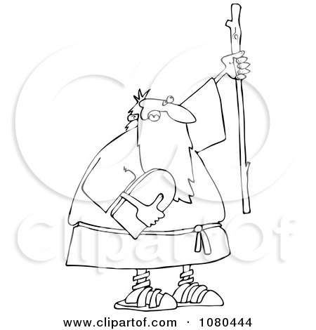Clipart Outlined Moses Holding The Ten Commandments Tablet And Stick - Royalty Free Vector Illustration by djart