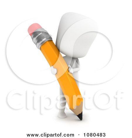 Clipart 3d Ivory Man Writing With A School Pencil - Royalty Free CGI Illustration by BNP Design Studio