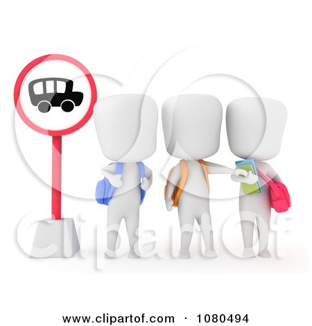 Clipart 3d Ivory School Kids At A Bus Stop - Royalty Free CGI Illustration by BNP Design Studio