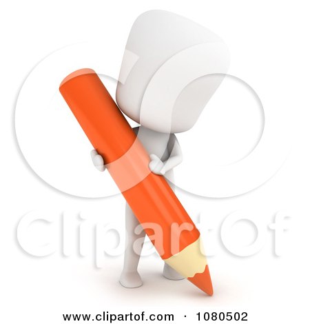 Clipart 3d Ivory Man Writing With An Orange Pencil - Royalty Free CGI Illustration by BNP Design Studio