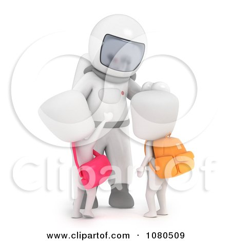 Clipart 3d Ivory School Kids Checking Out An Astronaut At A Museum - Royalty Free CGI Illustration by BNP Design Studio