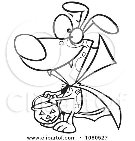 Clipart Outlined Halloween Vampire Dog Trick Or Treating - Royalty Free Vector Illustration by toonaday