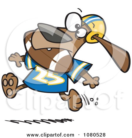 Clipart Football Dog Running With The Ball In His Mouth - Royalty Free Vector Illustration by toonaday
