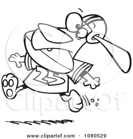 Clipart Outlined Football Dog Running With The Ball In His Mouth - Royalty Free Vector Illustration by toonaday