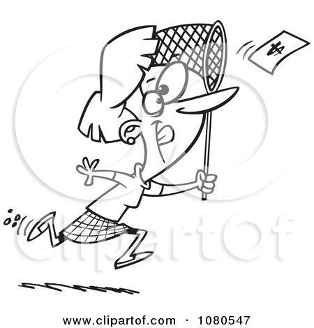 Clipart Outlined Businesswoman Chasing Money With A Net - Royalty Free Vector Illustration by toonaday