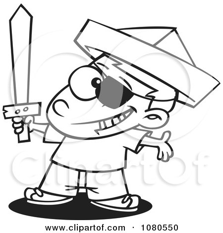 Clipart Outlined Pirate Boy With A Newspaper Hat And Sword - Royalty Free Vector Illustration by toonaday