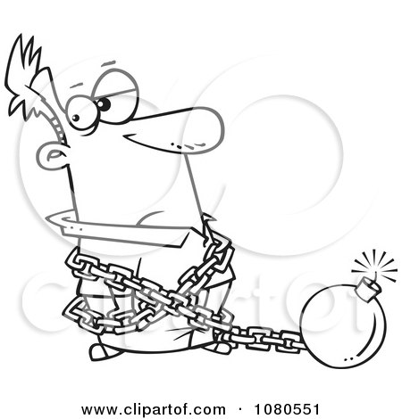Clipart Outlined Man In A Predicament Chained To A Bomb - Royalty Free Vector Illustration by toonaday