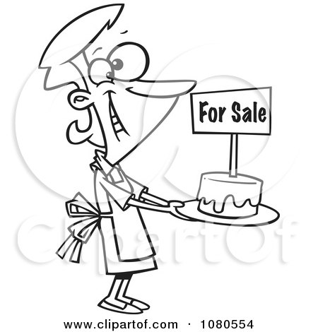 Clipart Outlined Bake Sale Woman Holding Out A Cake - Royalty Free Vector Illustration by toonaday