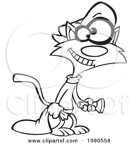 Clipart Outlined Cat Burglar Shining A Flashlight - Royalty Free Vector Illustration by toonaday