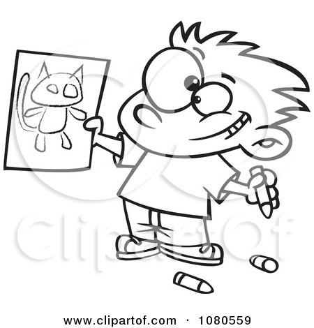 Clipart Outlined Proud Boy Holding His Cat Drawing - Royalty Free Vector Illustration by toonaday