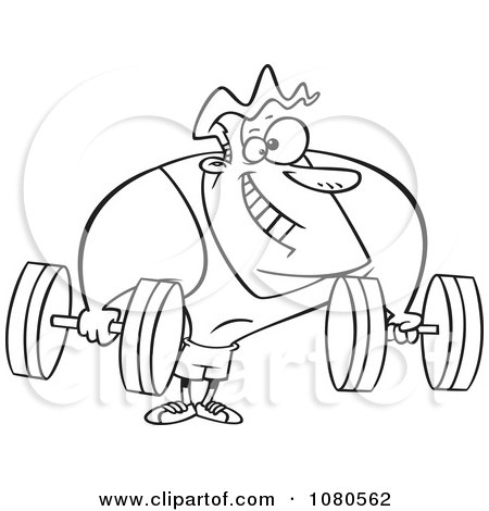 Clipart Outlined Strong Body Builder Holding Dumbbells - Royalty Free Vector Illustration by toonaday