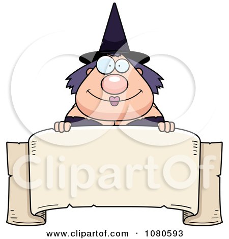 Clipart Chubby Witch Over A Parchment Banner - Royalty Free Vector Illustration by Cory Thoman