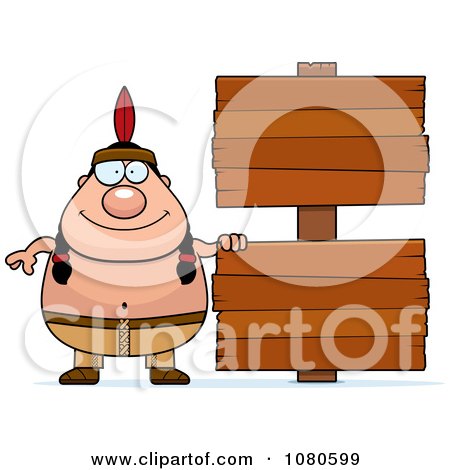 Clipart Chubby Native American Man With Wooden Signs - Royalty Free Vector Illustration by Cory Thoman