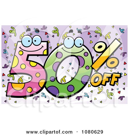 Clipart Happy 50 Percent Off Over Purple With Confetti - Royalty Free Vector Illustration by Cory Thoman