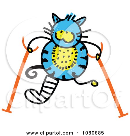 Clipart Doodled Blue Cat Using Crutches - Royalty Free Vector Illustration by Prawny