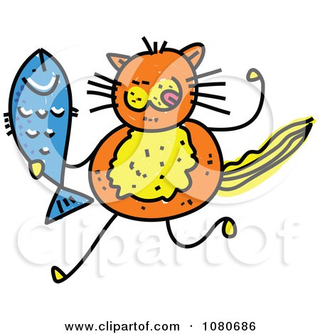 Clipart Doodled Orange Cat Holding A Fish - Royalty Free Vector Illustration by Prawny