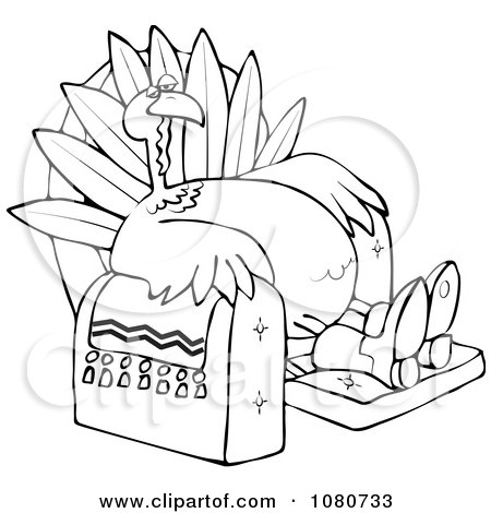 Clipart Outlined Tired Thanksgiving Turkey Lounging In A Recliner Chair - Royalty Free Vector Illustration by djart