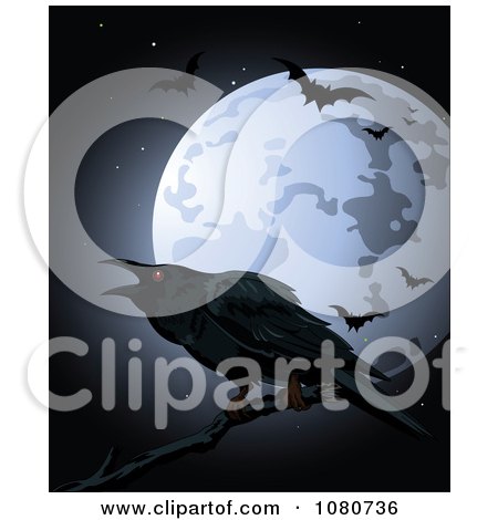 Clipart Creepy Crow And Silhouetted Bats Against A Full Moon - Royalty Free Vector Illustration by Pushkin