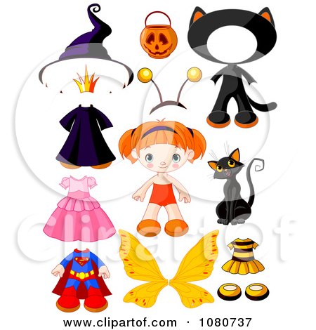 Clipart Cute Red Haired Doll With Halloween Costumes And Accessories - Royalty Free Vector Illustration by Pushkin