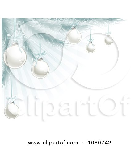 Clipart 3d Silver Christmas Baubles On A Tree Over Blue Rays - Royalty Free Vector Illustration by AtStockIllustration