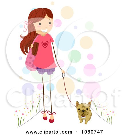 Clipart Cute Stick Girl Walking Her French Bulldog - Royalty Free Vector Illustration by BNP Design Studio