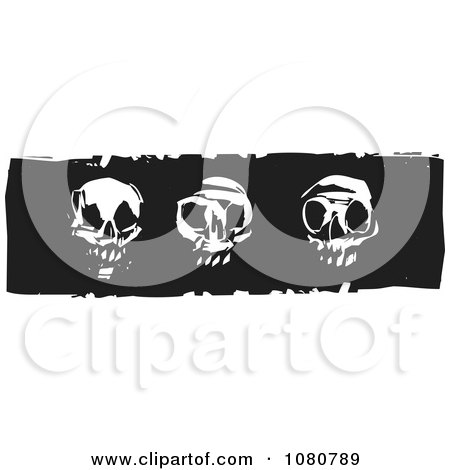 Clipart Black And White Woodcut Styled Skulls - Royalty Free Vector Illustration by xunantunich