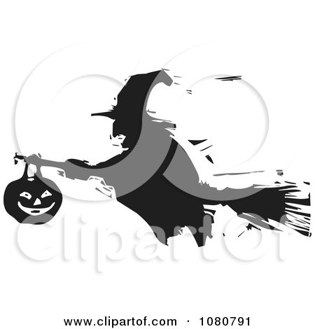 Clipart Black And White Woodcut Silhouetted Witch Flying On A Broomstick - Royalty Free Vector Illustration by xunantunich