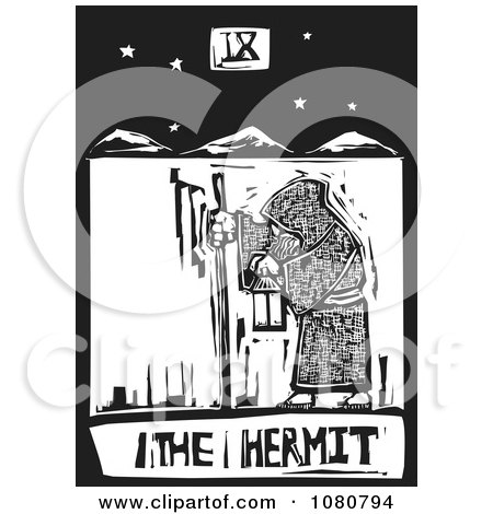 Clipart Black And White Woodcut Styled Tarot Hermit Card - Royalty Free Vector Illustration by xunantunich