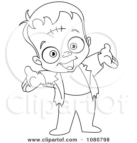 Clipart Happy Outlined Little Frankenstein Holding His Arms Out - Royalty Free Vector Illustration by yayayoyo