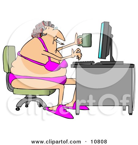 White Woman in Her Bra and Underwear, Hair in Curlers, Smoking a Cigarette, Holding a Coffee Mug and Typing on a Computer at a Desk Posters, Art Prints