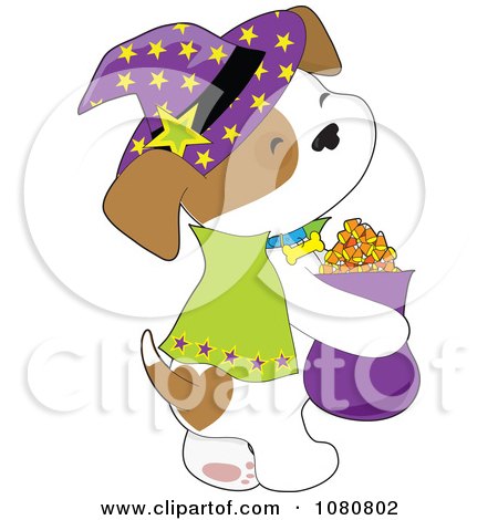 Clipart Cute Puppy Trick Or Treating As A Halloween Witch - Royalty Free Vector Illustration by Maria Bell