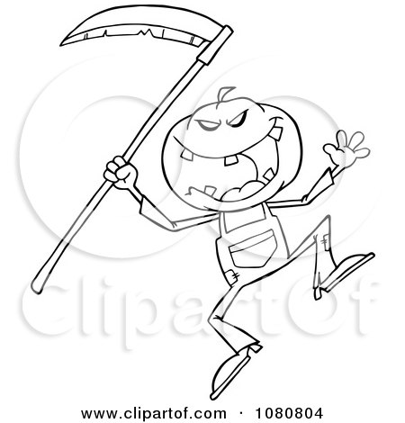 Clipart Outlined Halloween Pumpkin Head Jack With A Scythe - Royalty Free Vector Illustration by Hit Toon
