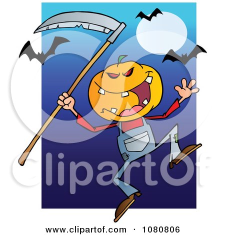 Clipart Halloween Pumpkin Head Jack With A Scythe And Bats Over Blue - Royalty Free Vector Illustration by Hit Toon
