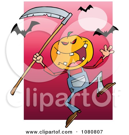 Clipart Halloween Pumpkin Head Jack With A Scythe And Bats Over Pink - Royalty Free Vector Illustration by Hit Toon