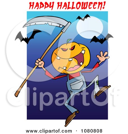 Clipart Happy Halloween Over A Pumpkin Head Jack With A Scythe And Bats Over Blue - Royalty Free Vector Illustration by Hit Toon