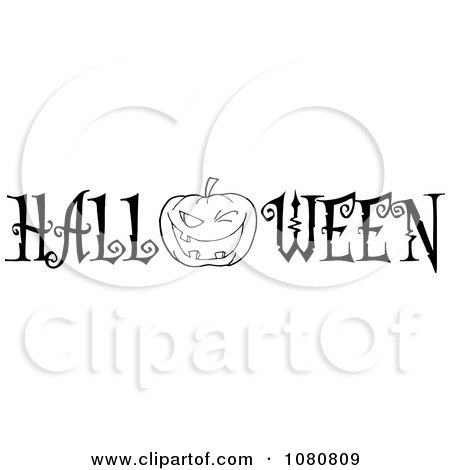 Clipart The Black And White Word Halloween With A Jackolantern As The O - Royalty Free Vector Illustration by Hit Toon
