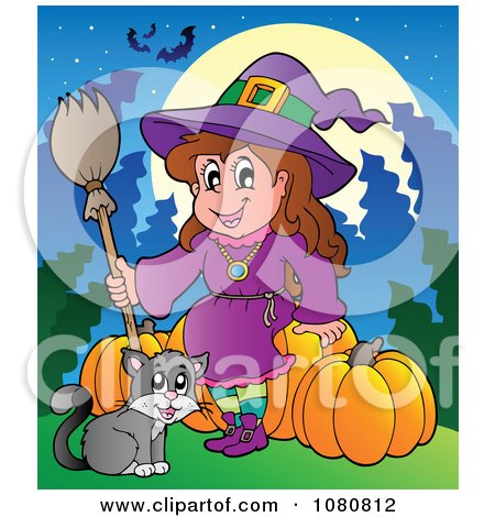 Clipart Halloween Witch And Cat With Pumpkins - Royalty Free Vector Illustration by visekart