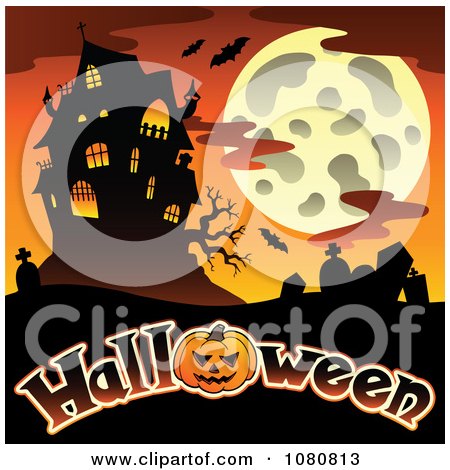 Clipart Haunted House Full Moon And Cemetery Over Halloween Text - Royalty Free Vector Illustration by visekart