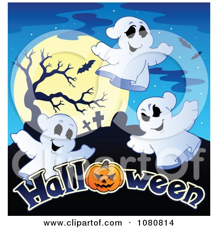 Clipart Ghosts A Full Moon And Cemetery Over Halloween Text - Royalty Free Vector Illustration by visekart