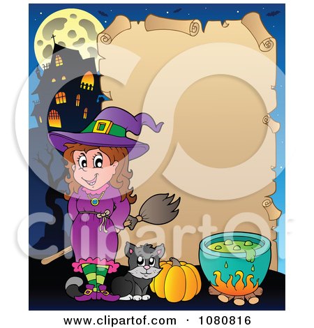 Clipart Halloween Witch Cat And Potion Parchment Sign - Royalty Free Vector Illustration by visekart