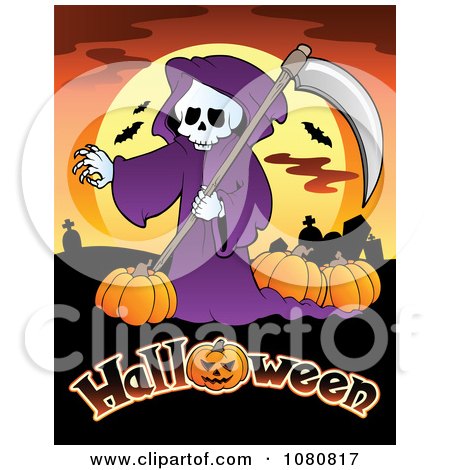 Clipart Grim Reaper With Pumpkins Over Halloween Text - Royalty Free Vector Illustration by visekart