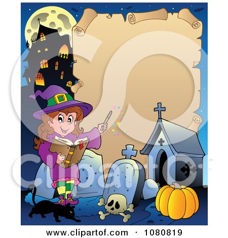 Clipart Halloween Witch Cat And Cemetery Parchment Sign - Royalty Free Vector Illustration by visekart