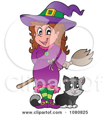 Clipart Halloween Witch Standing With Her Cat - Royalty Free Vector Illustration by visekart