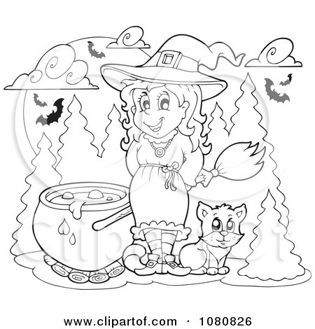 Clipart Outlined Halloween Witch With A Cauldron - Royalty Free Vector Illustration by visekart