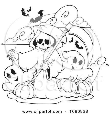 Clipart Outlined Grim Reaper And Ghosts With Halloween Pumpkins - Royalty Free Vector Illustration by visekart