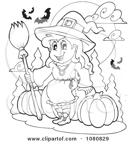 Clipart Outlined Halloween Witch Sitting On Pumpkins - Royalty Free Vector Illustration by visekart