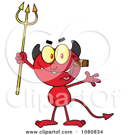 Clipart Little Red Devil Smoking A Cigar And Holding Up A Trident - Royalty Free Vector Illustration by Hit Toon