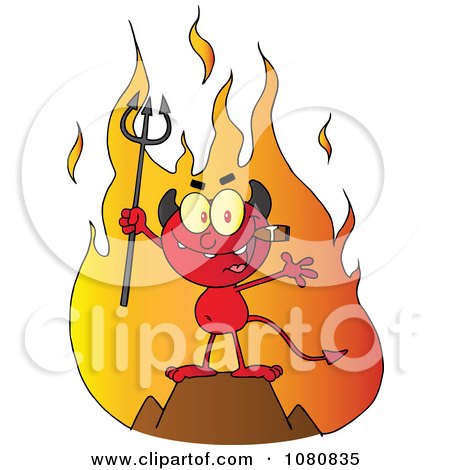 Clipart Little Red Devil Smoking A Cigar In Front Of Flames - Royalty Free Vector Illustration by Hit Toon