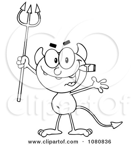 Clipart Outlined Little Devil Smoking A Cigar And Holding Up A Trident - Royalty Free Vector Illustration by Hit Toon